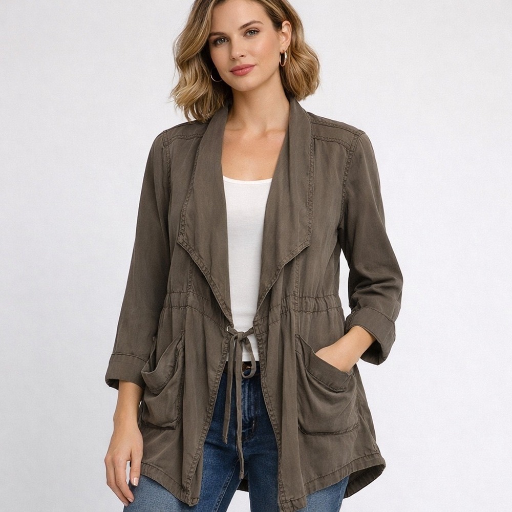 Hei Hei Lightweight Lyocell Open Front Utility Jacket XS Petite Brown Longline